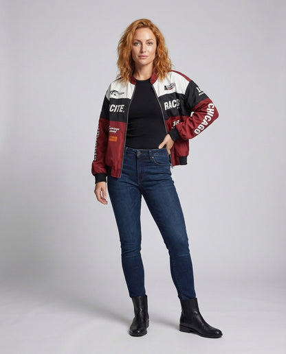 Damen Bomberjacke Rennsport-Stil Stehkragen - Eveloria