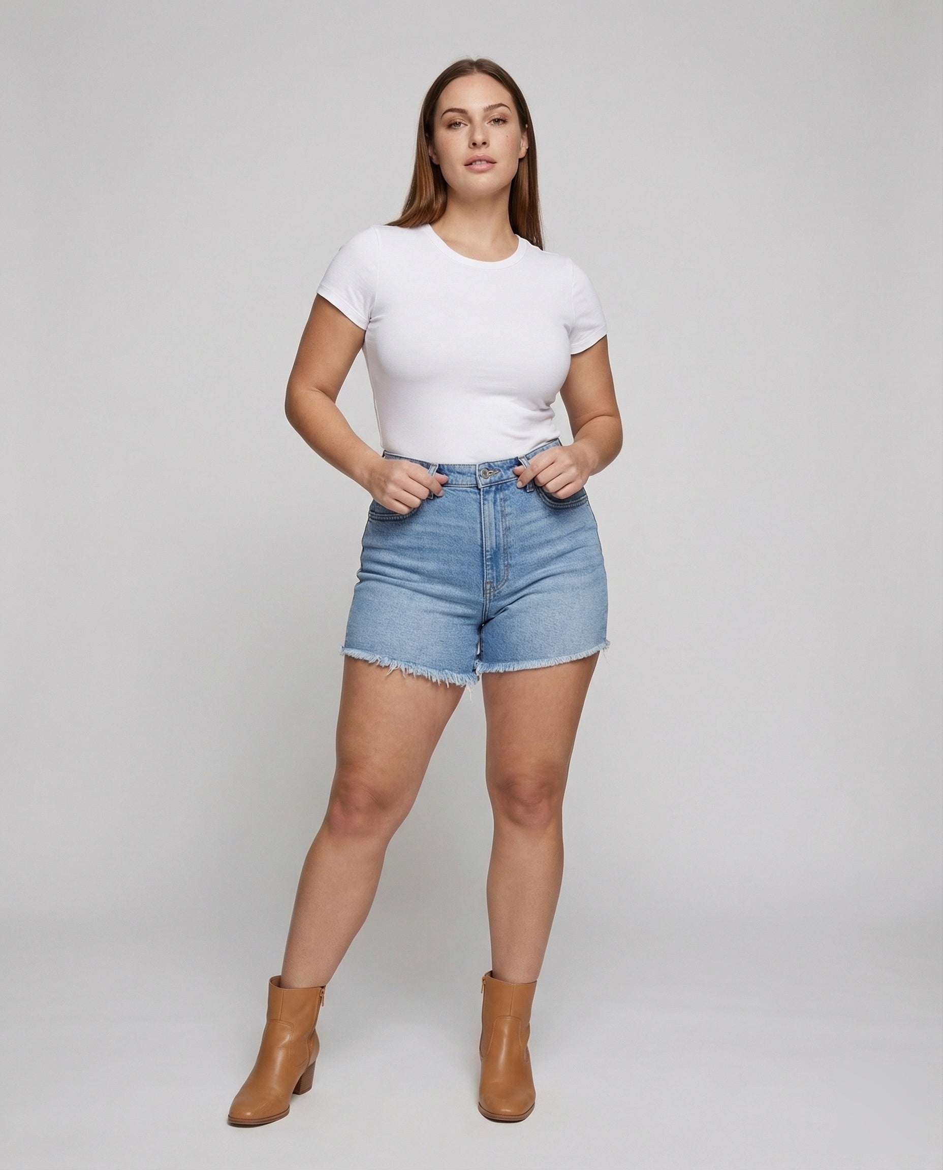 Damen Jeansshorts Taillenformend Ausgefranster Saum - Eveloria