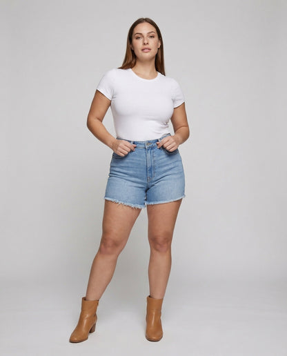 Damen Jeansshorts Taillenformend Ausgefranster Saum - Eveloria