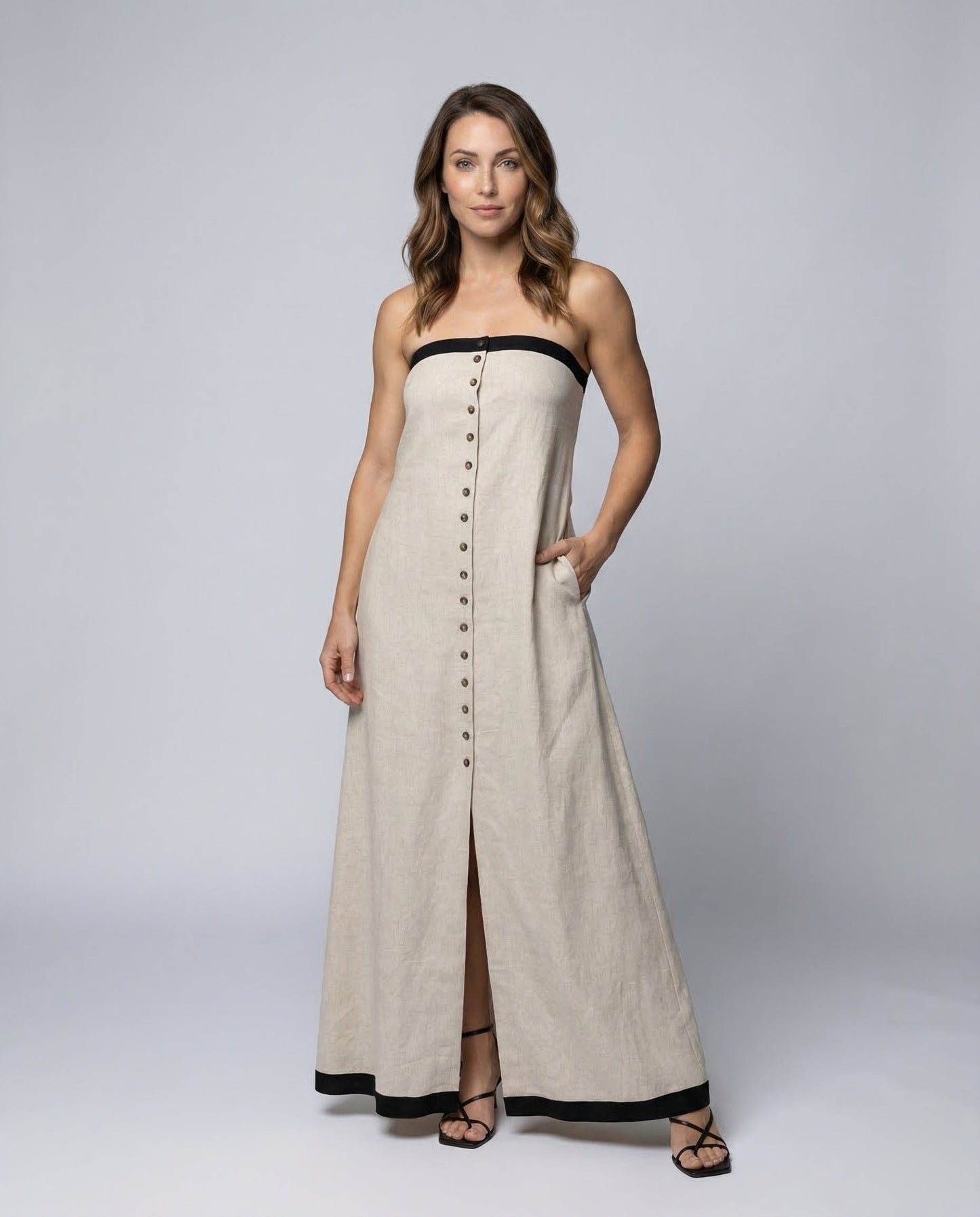Damen Maxikleid Leinen Bandeau Zierknöpfe - Eveloria