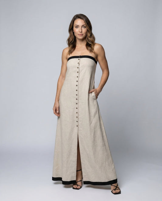 Damen Maxikleid Leinen Bandeau Zierknöpfe - Eveloria