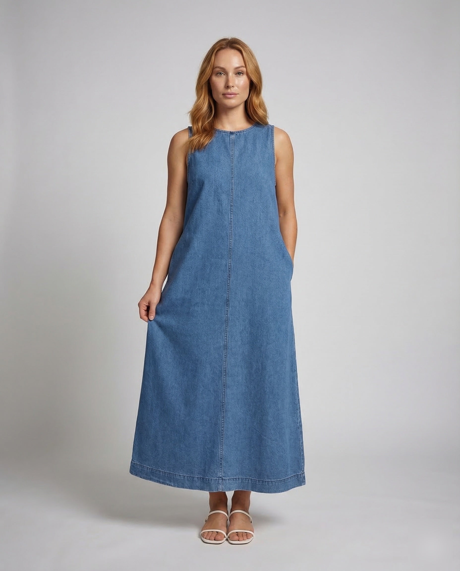 Damen Maxikleid Denim Seitentaschen - Eveloria