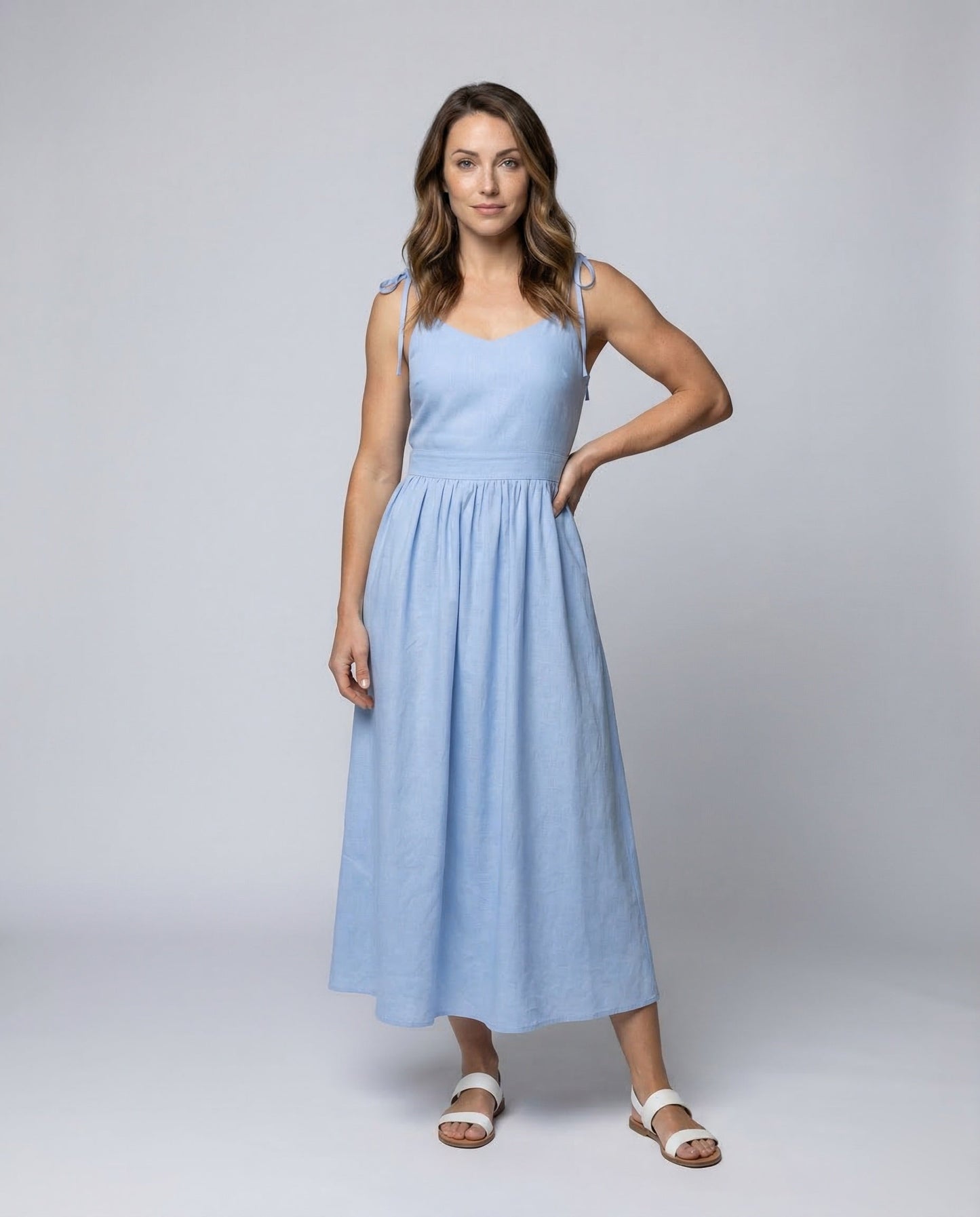 Damen Maxikleid Leinen Geraffte Empire-Taille - Eveloria