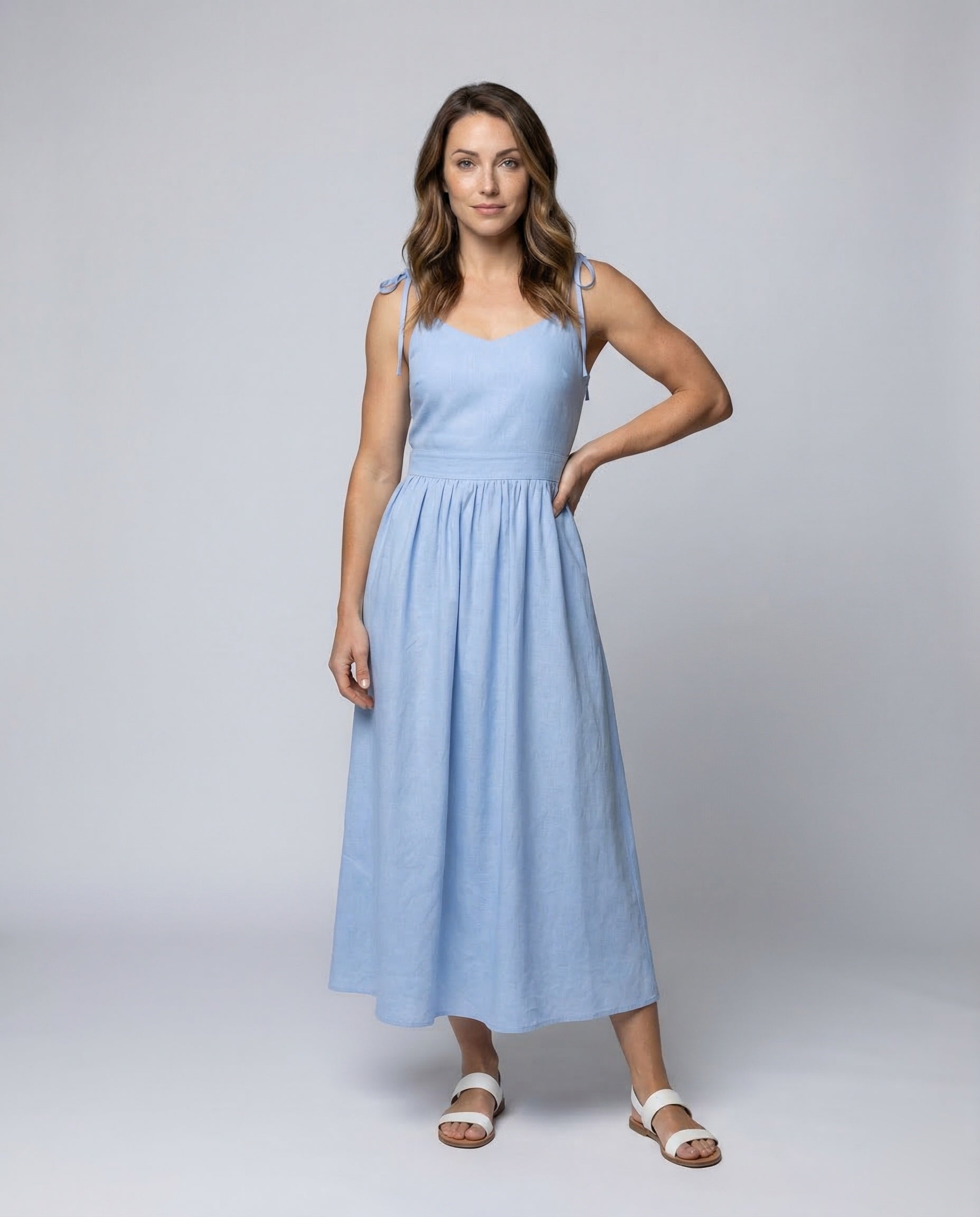 Damen Maxikleid Leinen Geraffte Empire-Taille - Eveloria