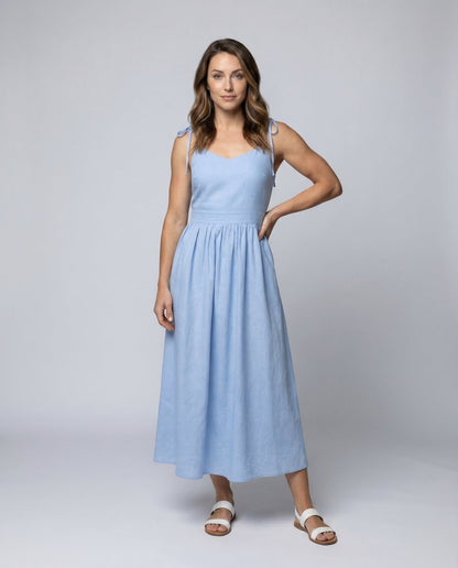 Damen Maxikleid Leinen Geraffte Empire-Taille - Eveloria