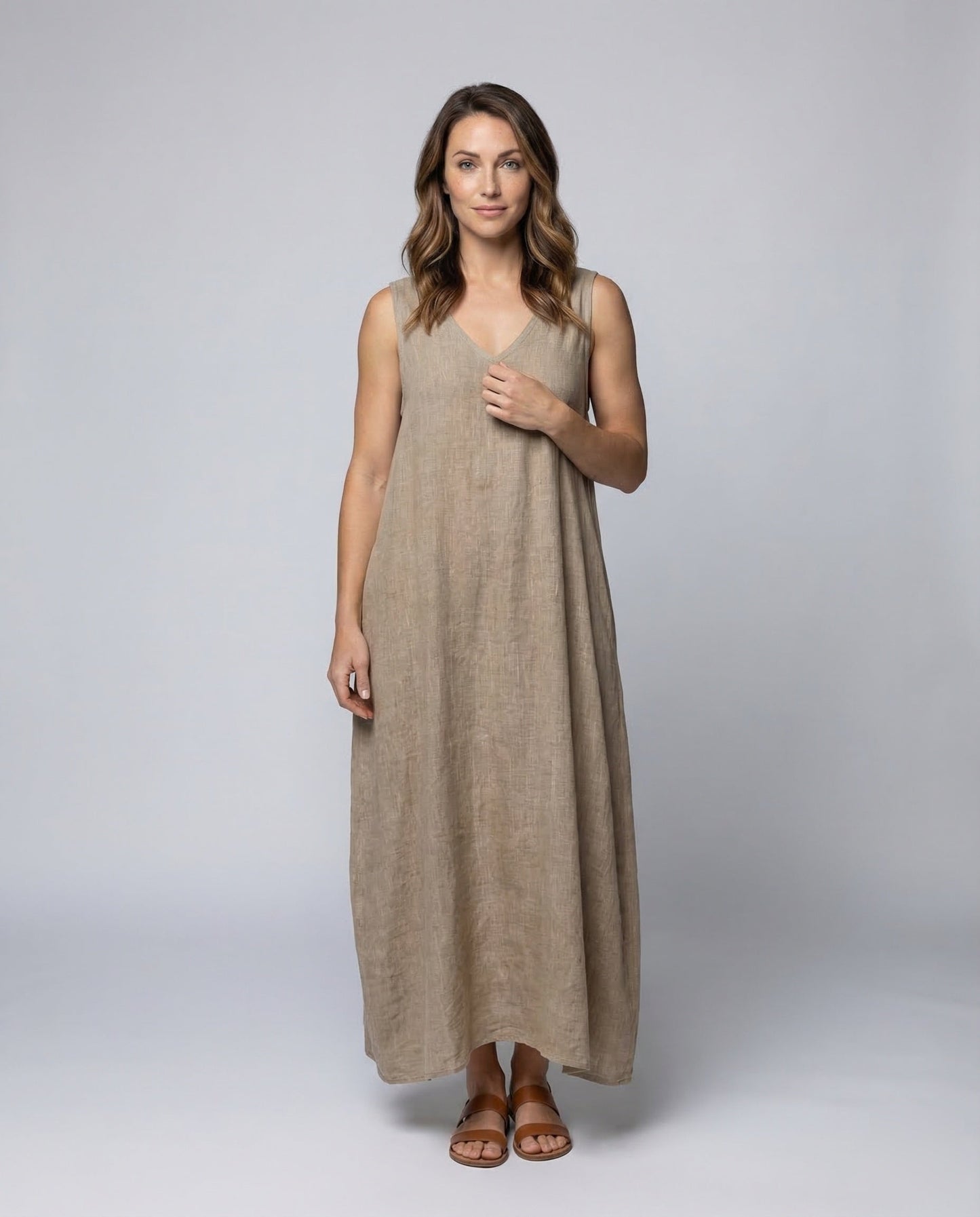 Damen Leinen Midaxi-Kleid Runder Saum - Eveloria