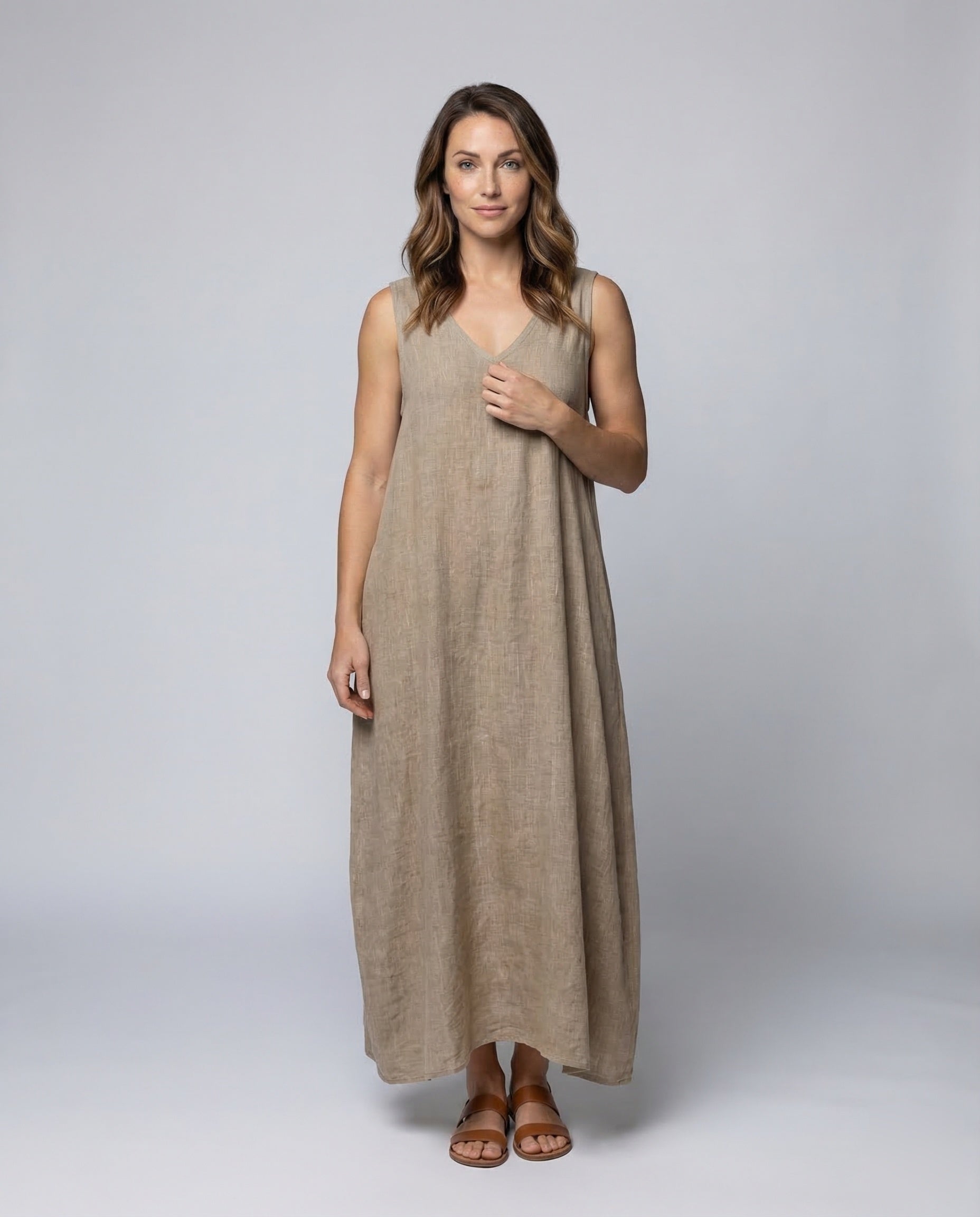 Damen Leinen Midaxi-Kleid Runder Saum - Eveloria