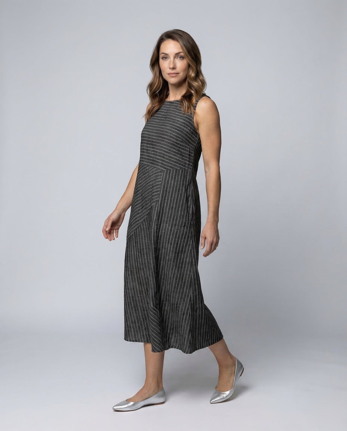 Damen Midikleid Leinenmix Streifen Schwarz - Eveloria