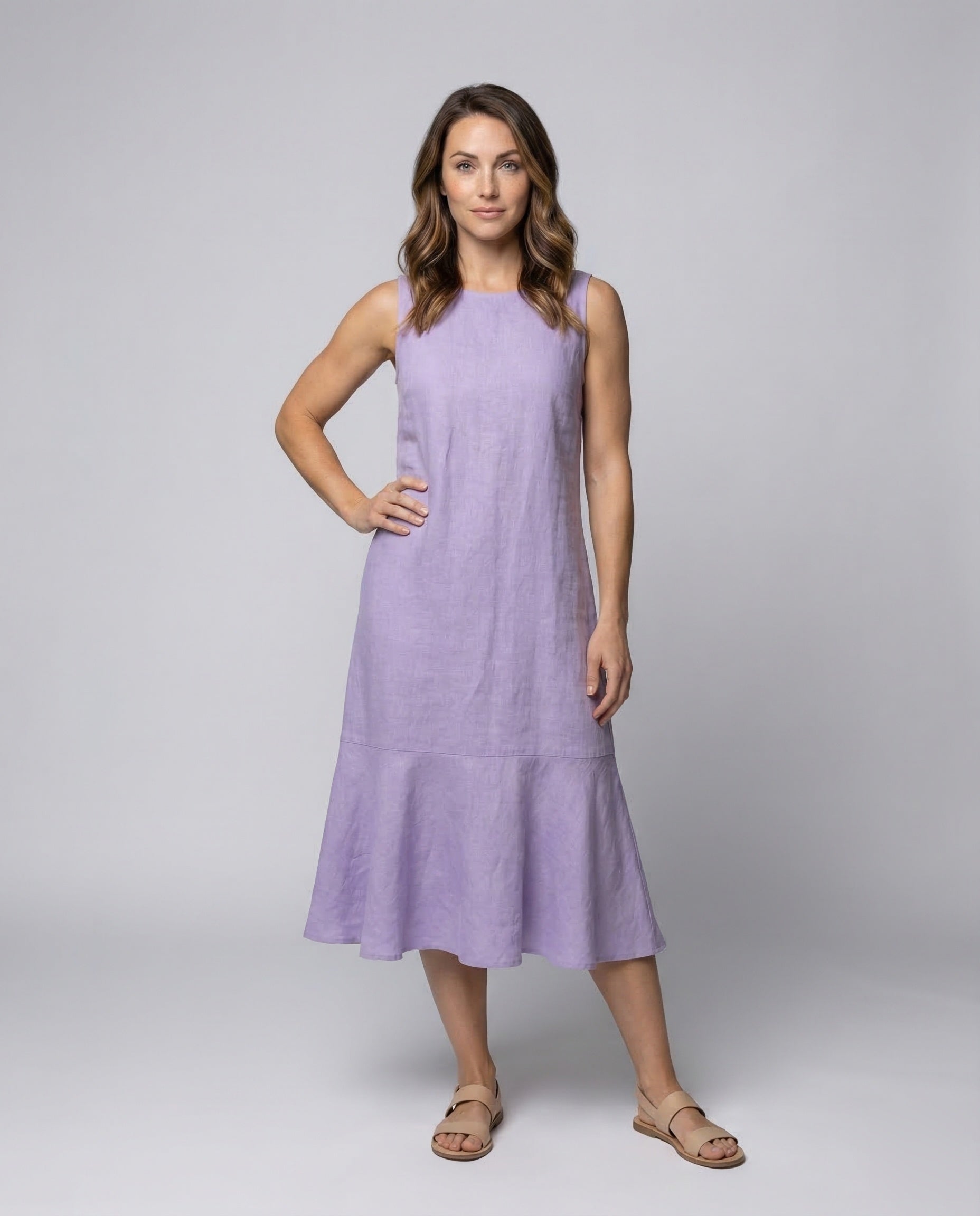 Damen Leinenmix Midikleid Ausgestellt mit Stufenkante - Eveloria