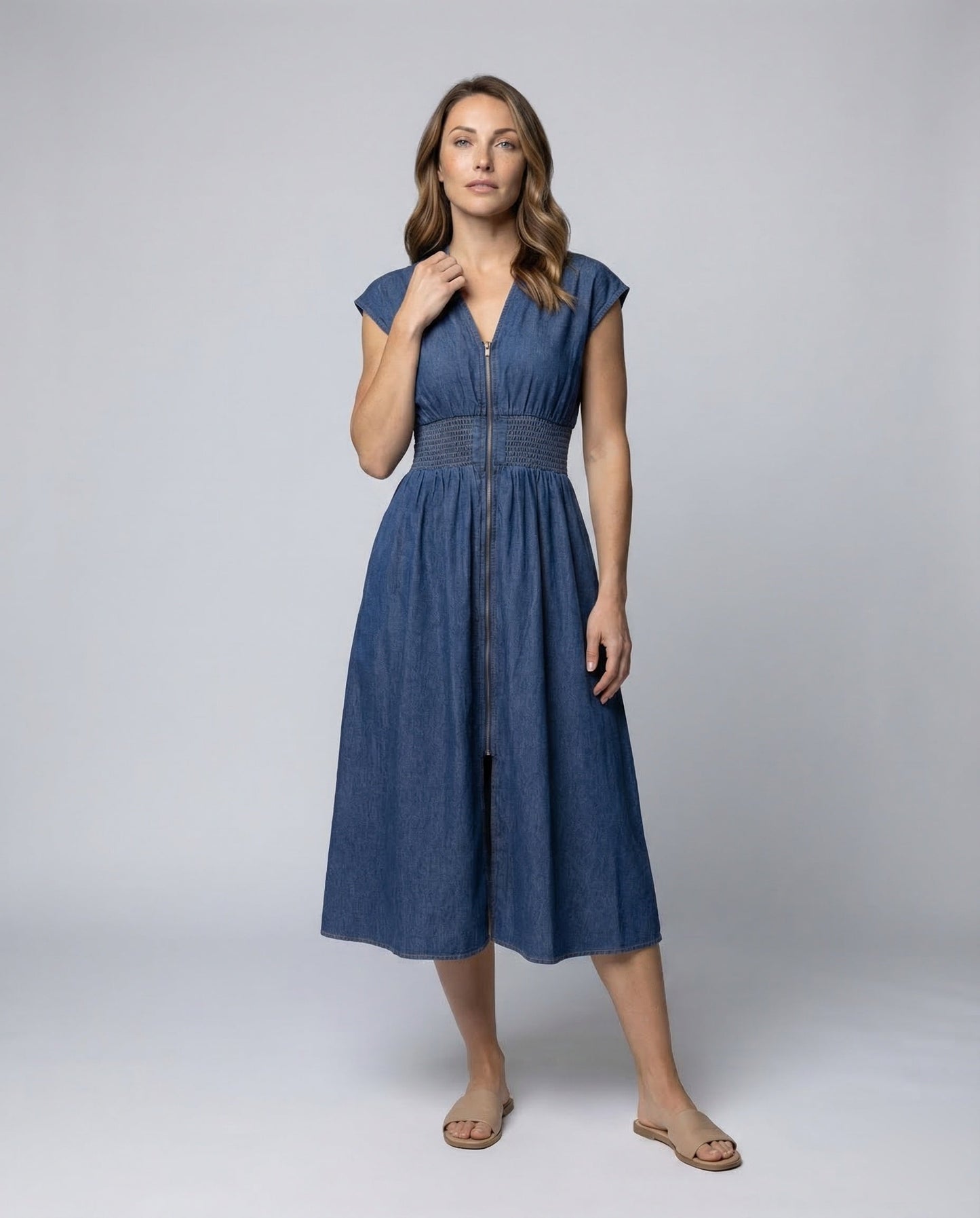 Damen Midikleid Chambray Blau Durchgehender Reißverschluss - Eveloria