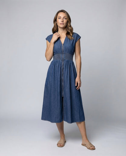 Damen Midikleid Chambray Blau Durchgehender Reißverschluss - Eveloria