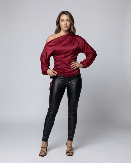 Damen Satinbluse Asymmetrisch Ballonärmel - Eveloria
