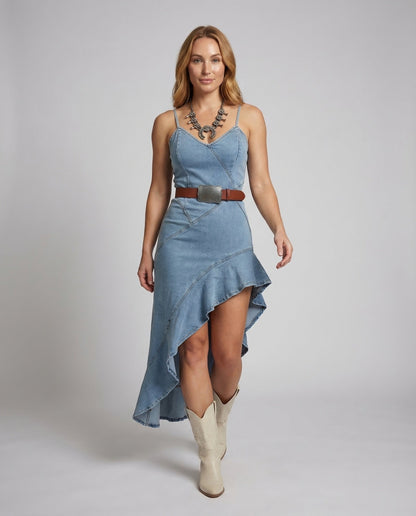 Damen Wickelkleid aus Jeans Stufenförmiger Saum - Eveloria