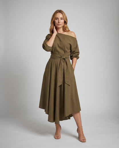 Damen Midikleid One-Shoulder mit Bindegürtel - Eveloria