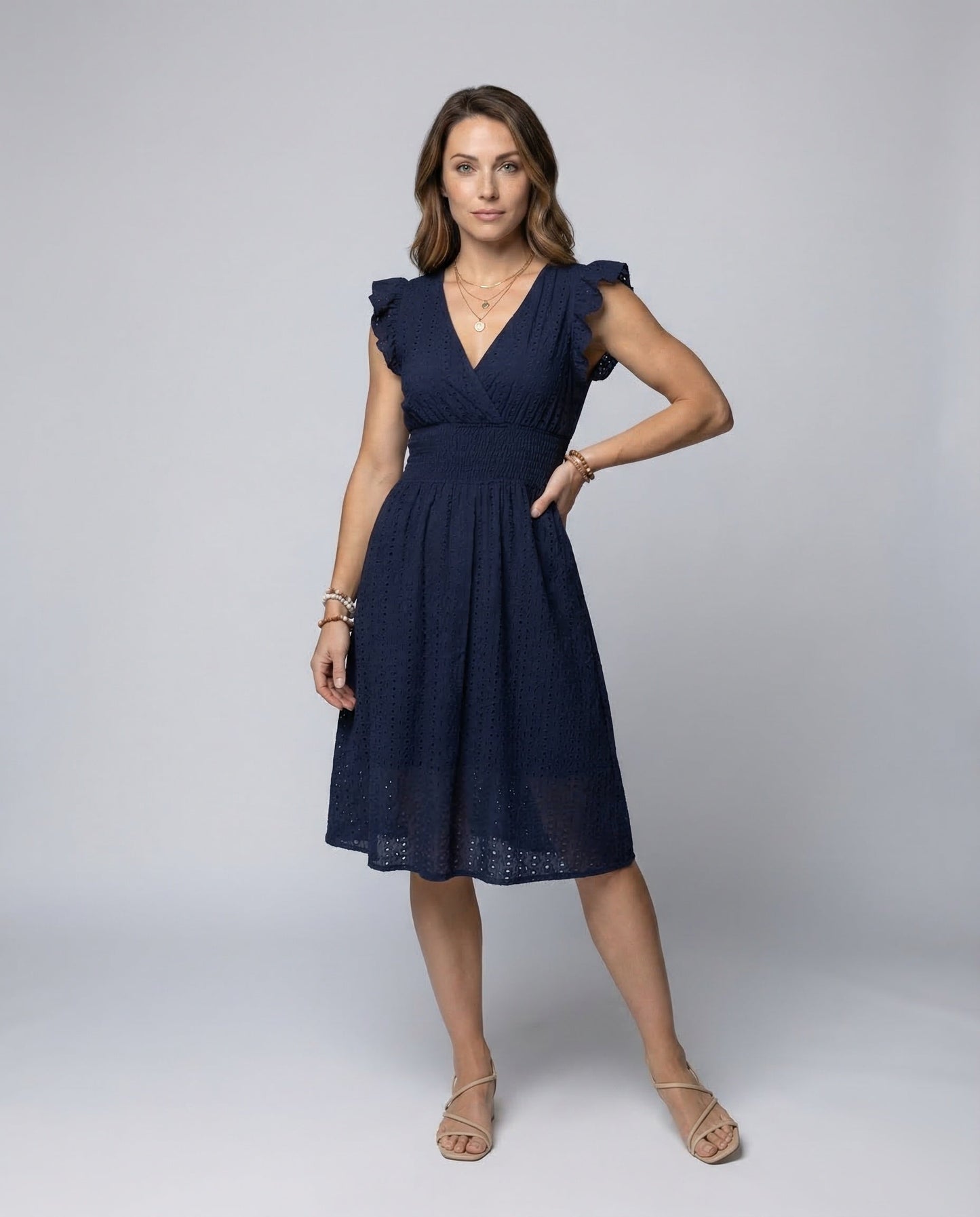 Damen Midikleid mit Lochstickerei und Rüschenärmeln - Eveloria