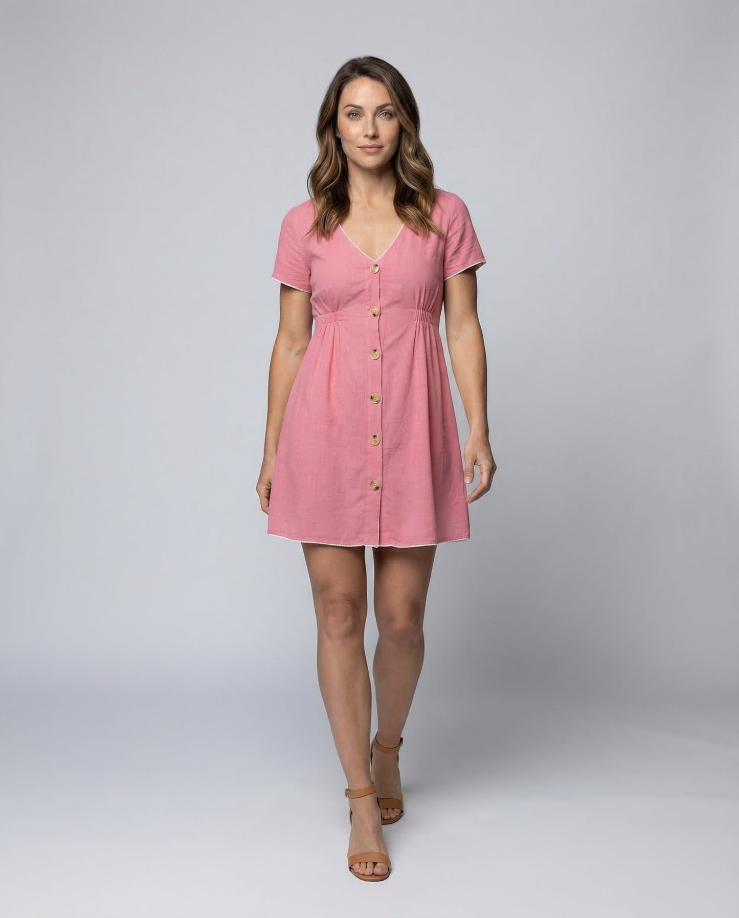 Damen Minikleid Babydoll Holzknöpfe Rosa - Eveloria