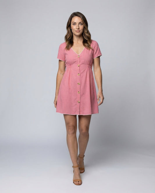 Damen Minikleid Babydoll Holzknöpfe Rosa - Eveloria