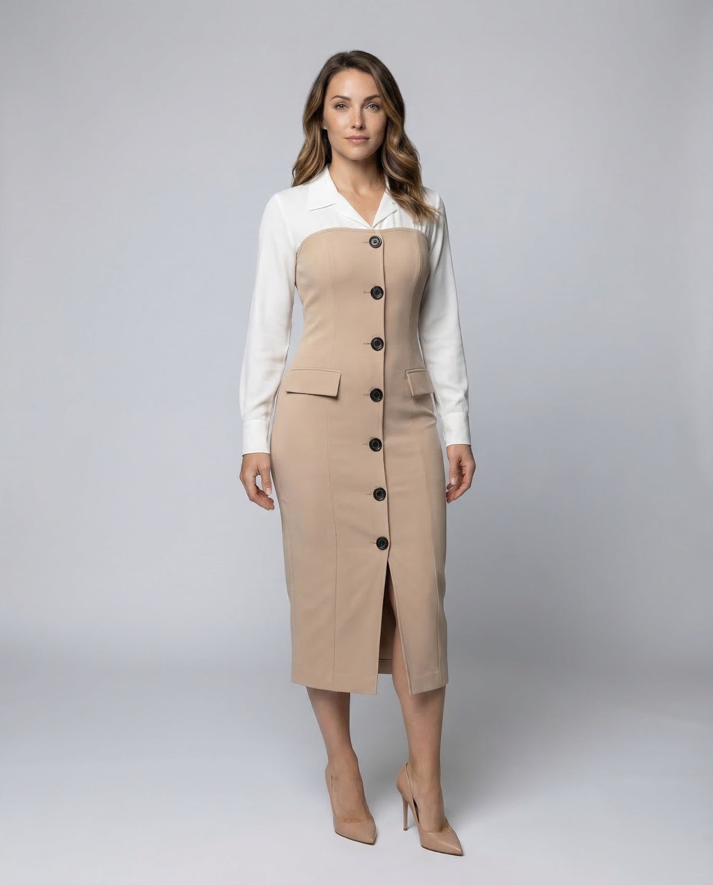 Damen Bleistiftkleid Mit Hemdkragen Und Zierpatten - Eveloria