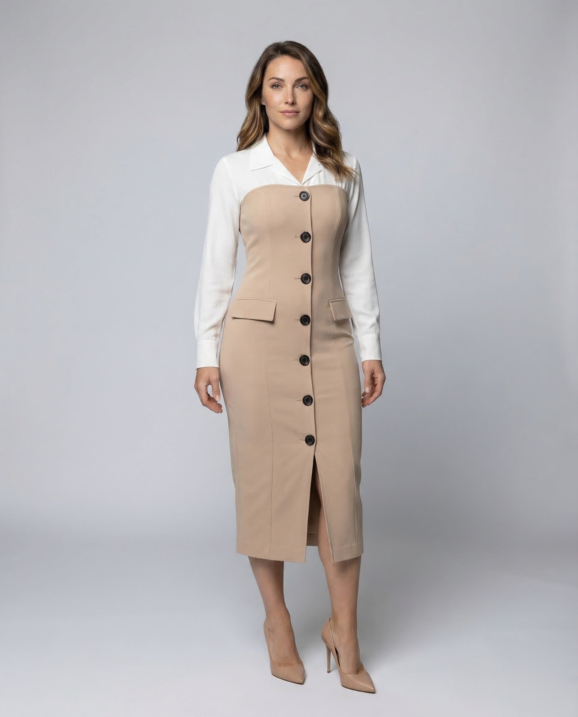 Damen Bleistiftkleid Mit Hemdkragen Und Zierpatten - Eveloria