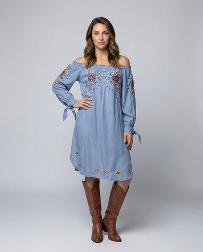 Damen Boho Kleid mit Smockierung und V-Ausschnitt Blau - Eveloria