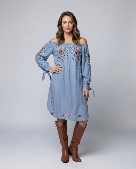 Damen Boho Kleid mit Smockierung und V-Ausschnitt Blau - Eveloria