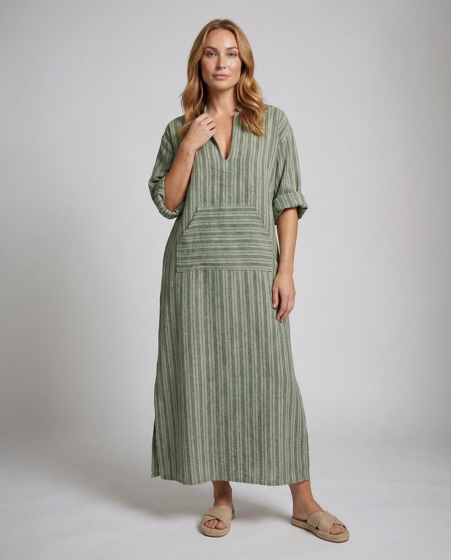 Damen Maxikleid Leinen Streifen Optik Beige - Eveloria