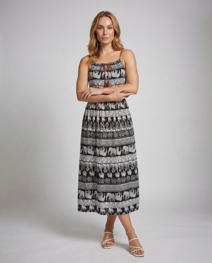 Damen Maxikleid mit Ethno-Muster und Elefantenbordüre - Eveloria