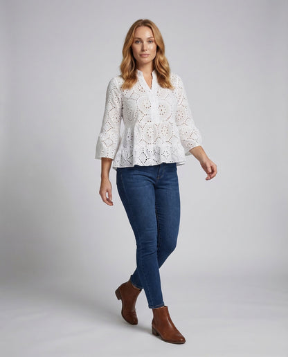 Damen Bluse Broderie Anglaise Glockenärmel - Eveloria