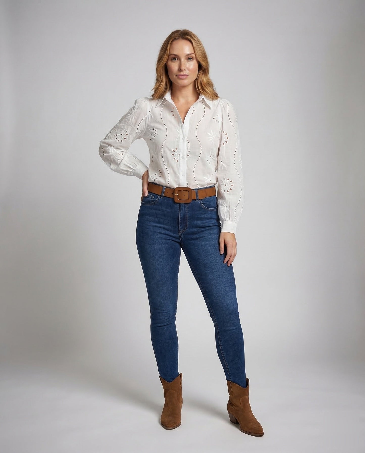 Damen Hemdbluse Puffärmel Broderie Anglaise Weiss - Eveloria