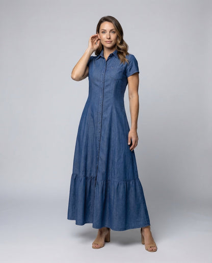 Damen Maxikleid mit Hemdblusenkragen und Stufenvolant - Eveloria