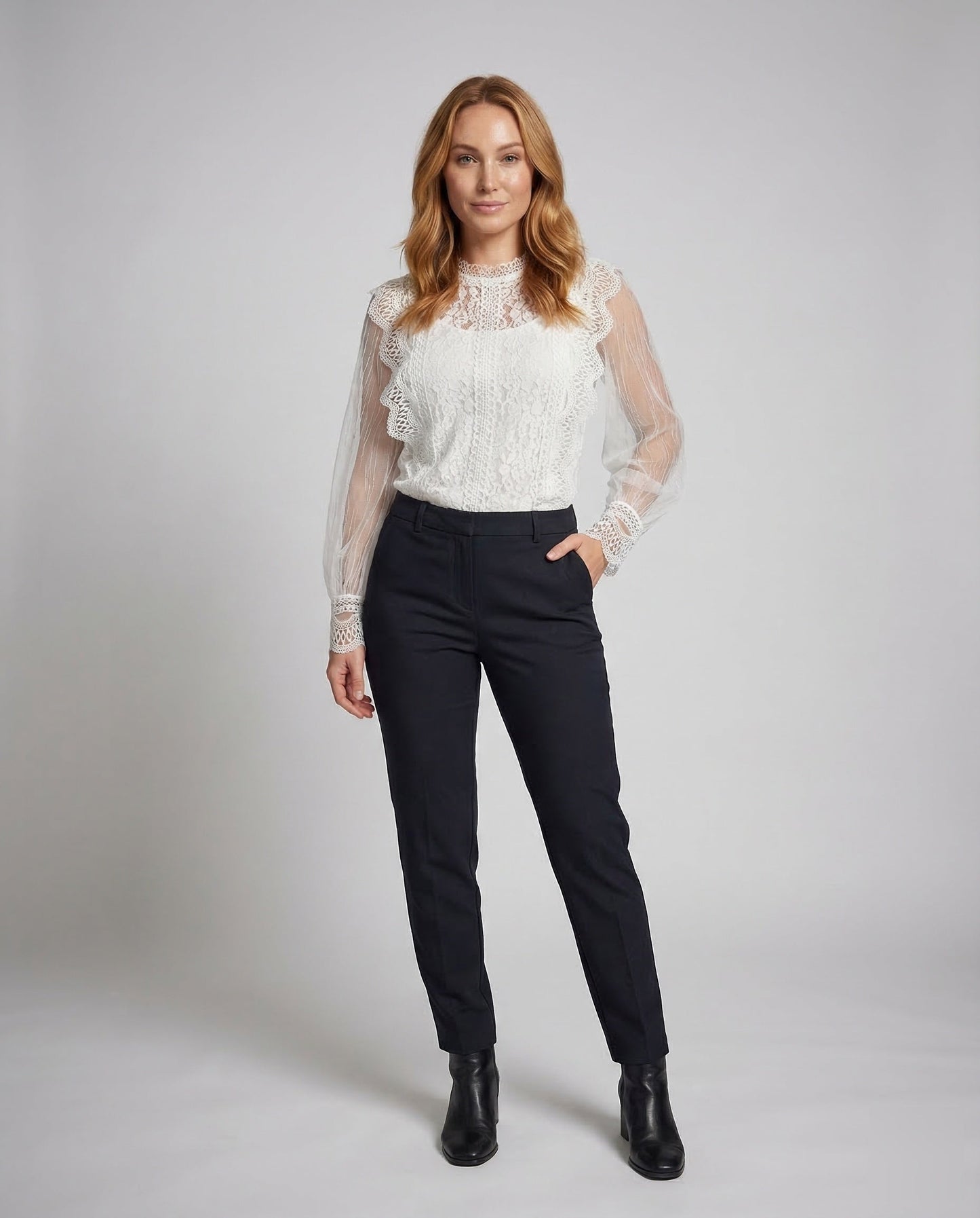 Damen Spitzenbluse Mit Tüllärmel Transparent - Eveloria