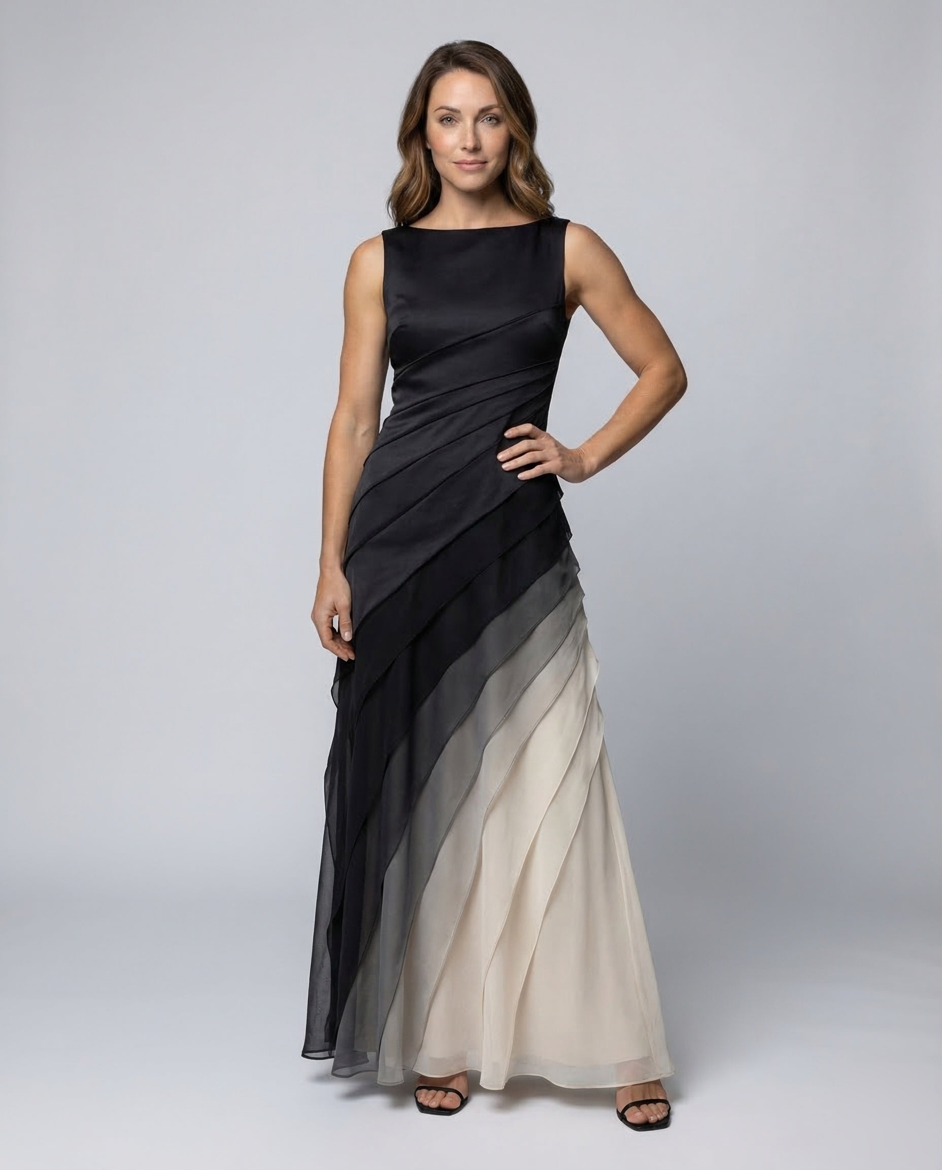 Damen Abendkleid Satin Oberteil Chiffon Rock Schwarz - Eveloria