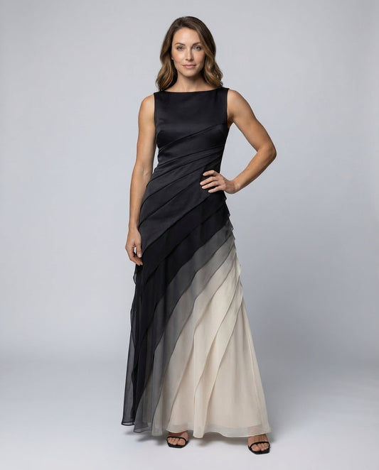 Damen Abendkleid Satin Oberteil Chiffon Rock Schwarz - Eveloria