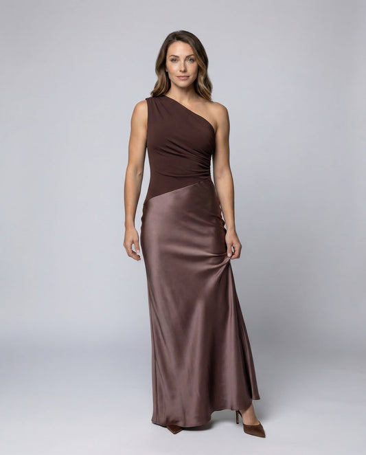 Damen Satin Abendkleid Ein-Schulter Schräger Rock - Eveloria