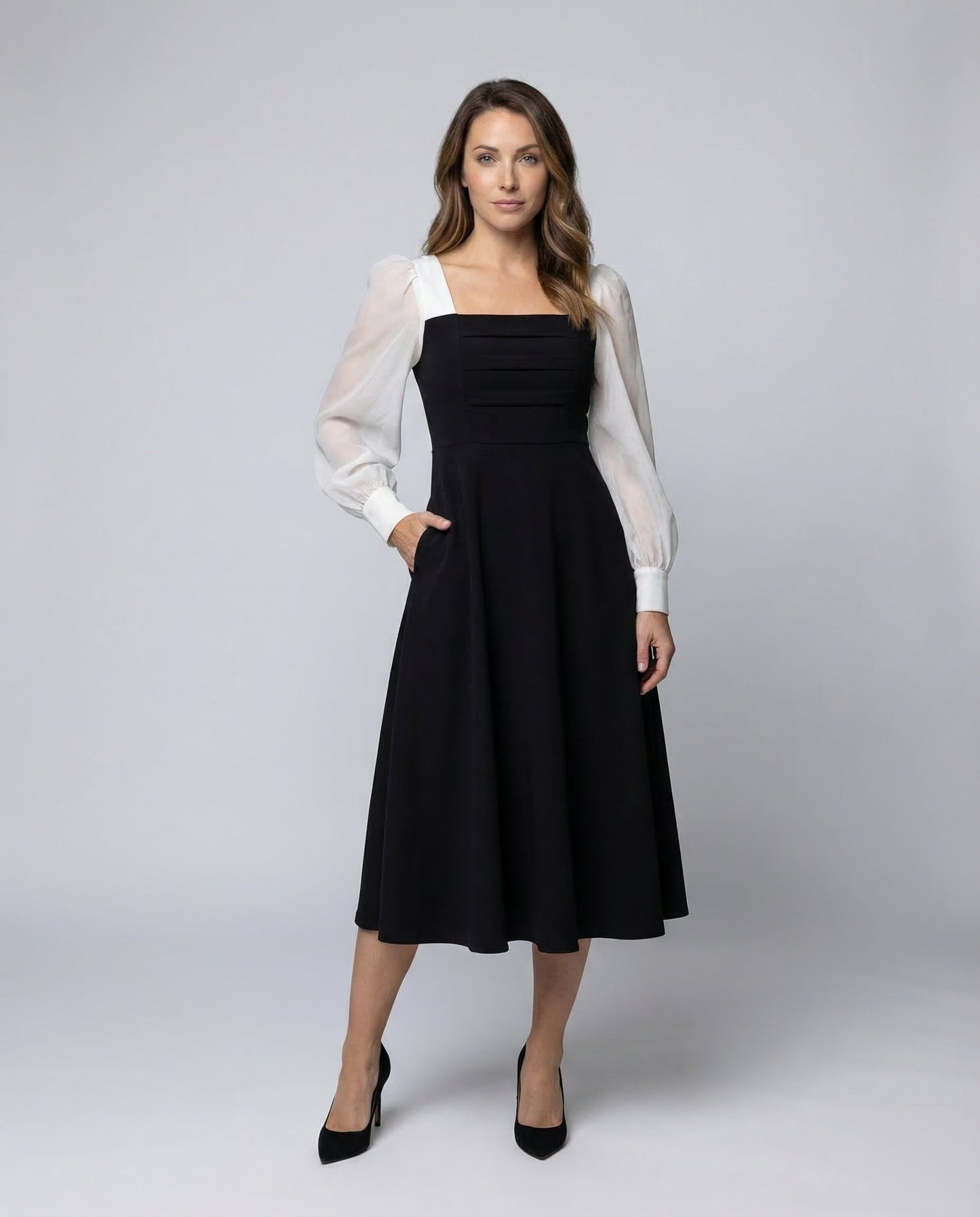 Damen Midikleid Geraffte Chiffon Ärmel - Eveloria