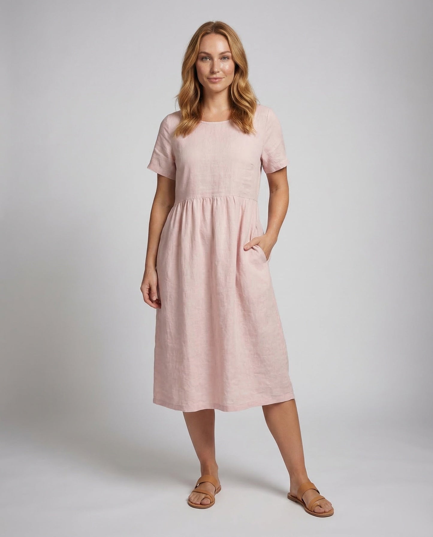 Damen Midikleid Leinen-Baumwoll-Mischung Unterbrust-Raffung - Eveloria