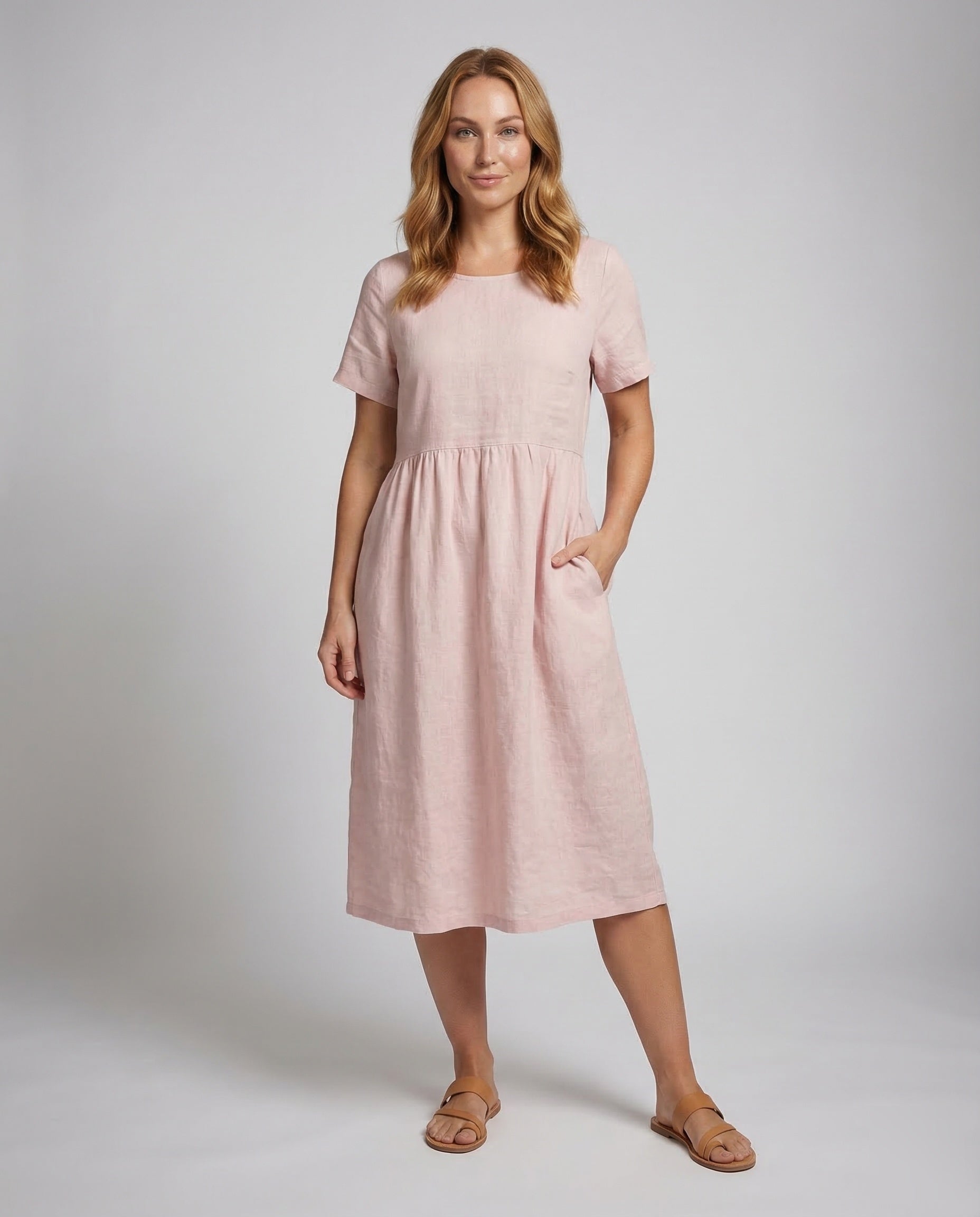 Damen Midikleid Leinen-Baumwoll-Mischung Unterbrust-Raffung - Eveloria