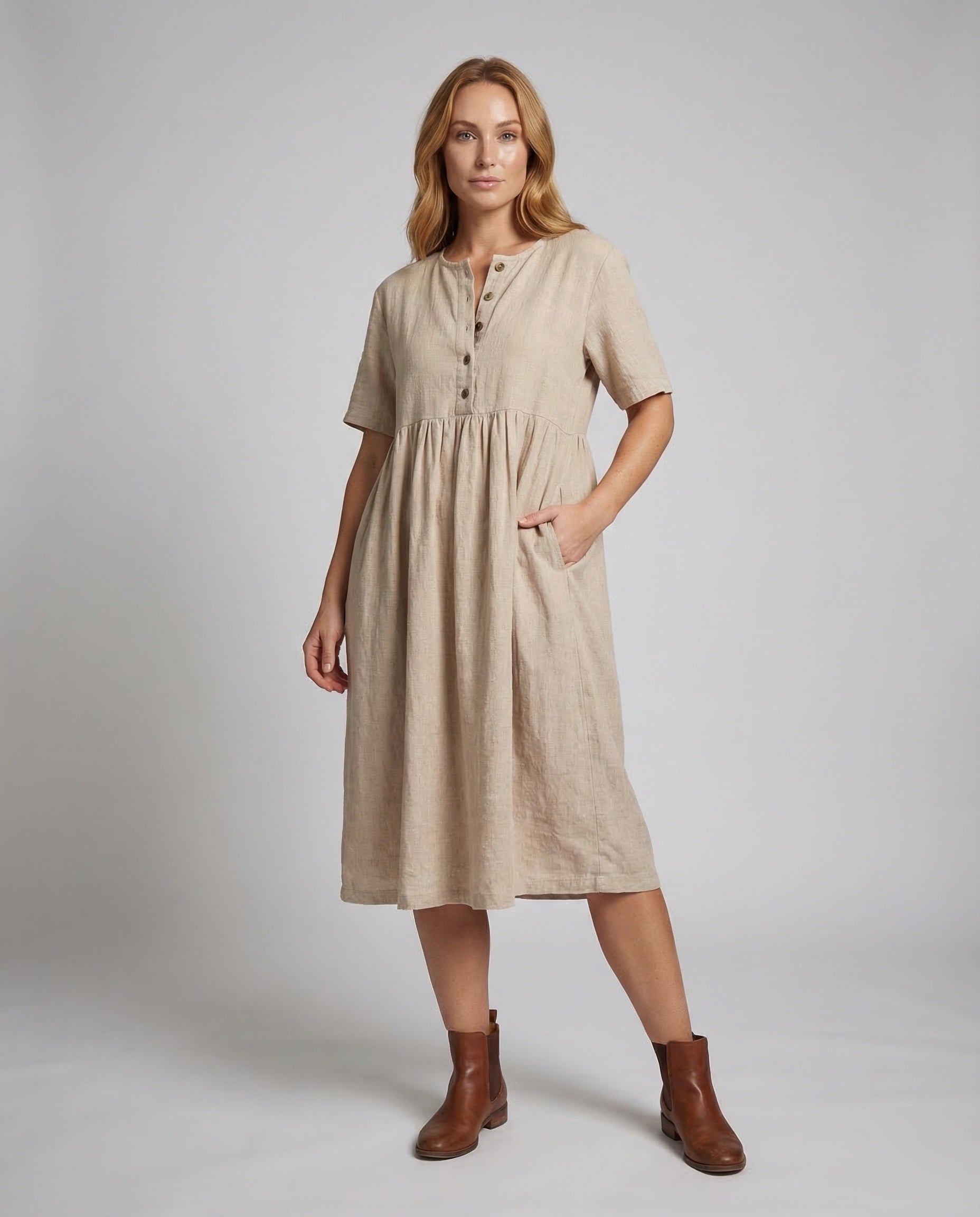 Damen Midikleid Leinen-Baumwoll Kurz Knöpfe - Eveloria