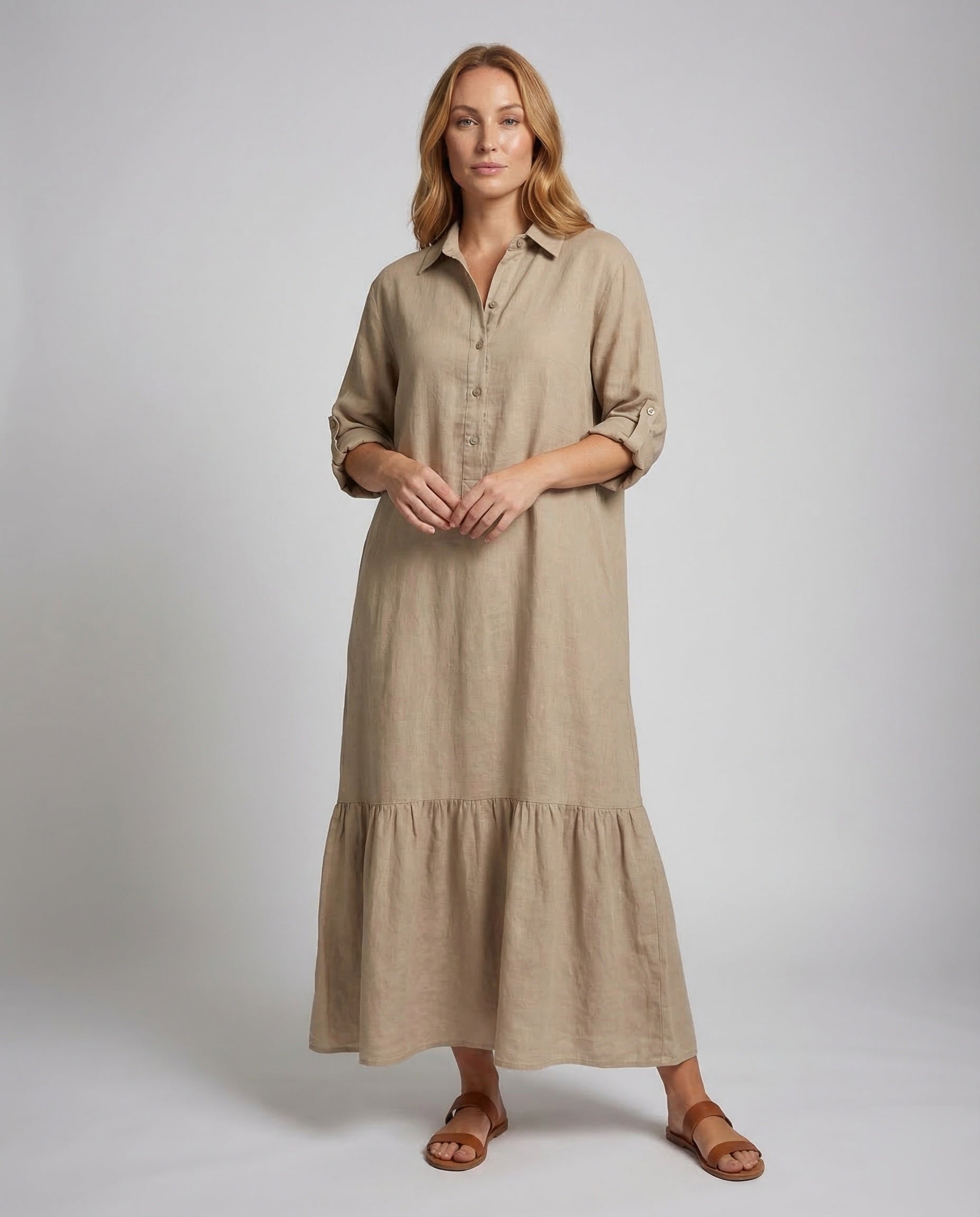 Damen Maxikleid Hemd-Schnitt Volantkante - Eveloria