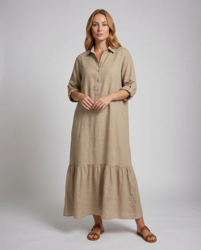 Damen Maxikleid Hemd-Schnitt Volantkante - Eveloria