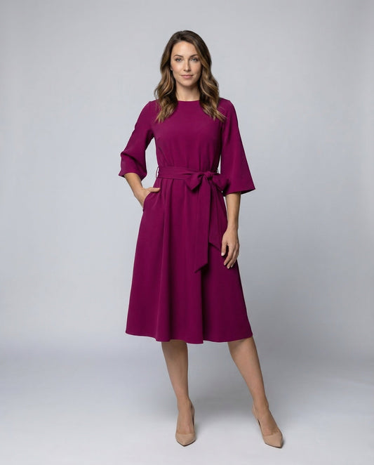 Damen A-Linienkleid mit Taillengürtel und Ballonärmeln - Eveloria