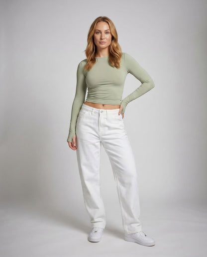 Damen Langarmshirt Bauchfrei Mit Daumenlöchern - Eveloria