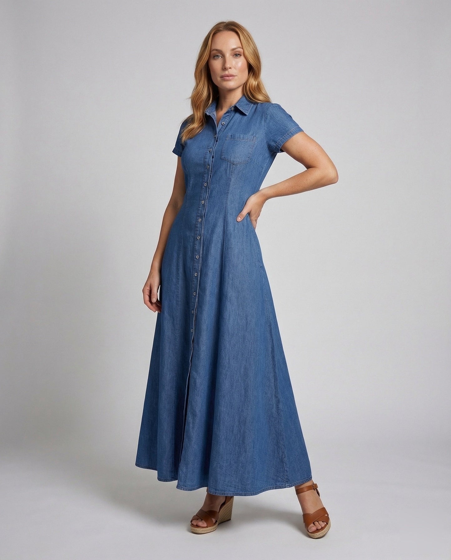 Damen Maxikleid Jeansoptik Stufenrock - Eveloria