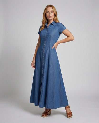 Damen Maxikleid Jeansoptik Stufenrock - Eveloria