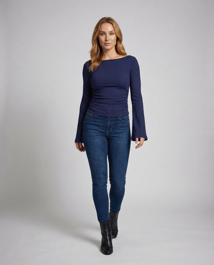Damen Rippjersey- mit Glockenärmeln und Seitlicher Raffung - Eveloria