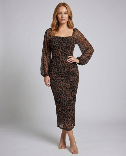 Damen Midikleid Leopardenmuster Ballonärmel - Eveloria
