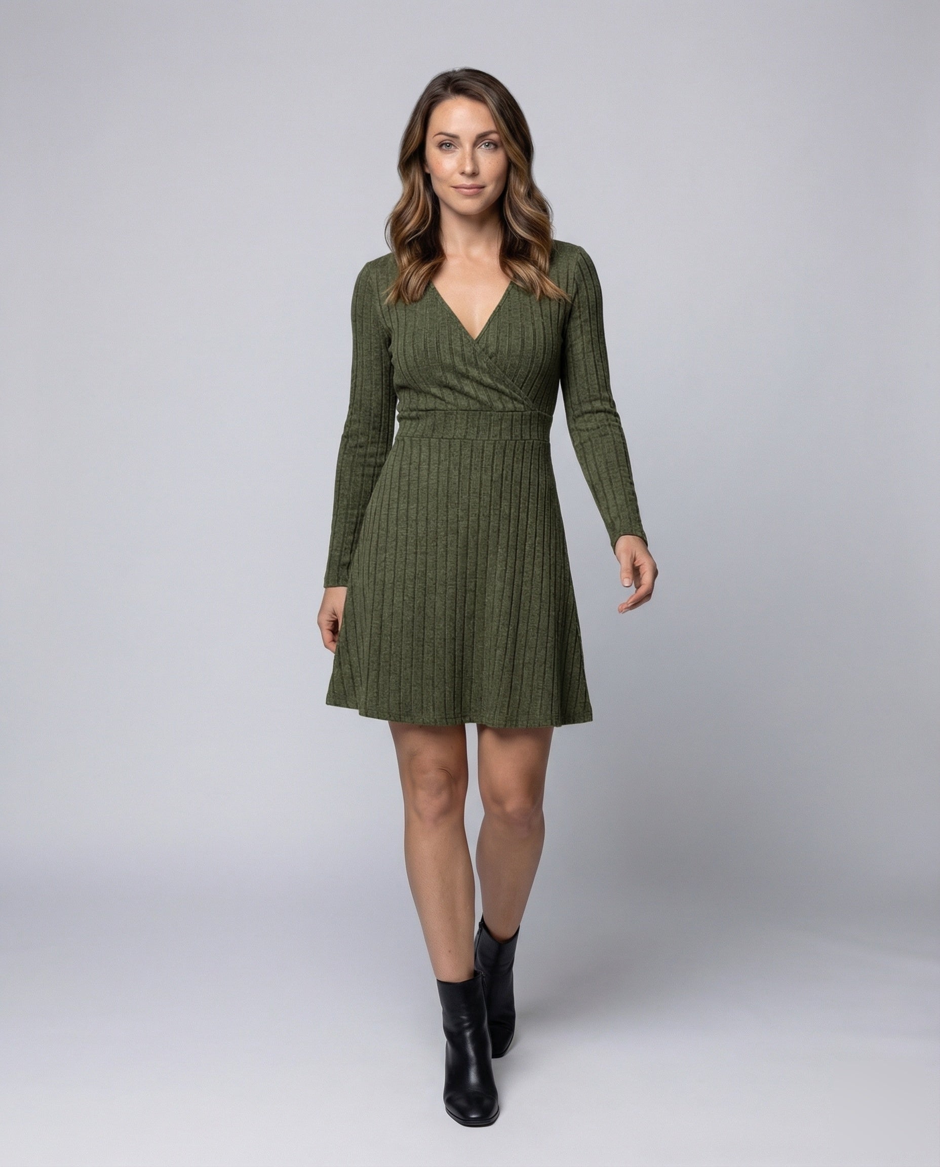 Damen Rippstrick Wickelkleid A-Linie Tailliert - Eveloria