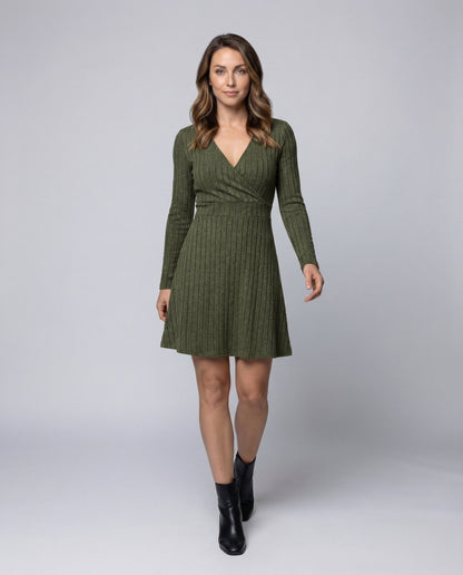 Damen Rippstrick Wickelkleid A-Linie Tailliert - Eveloria