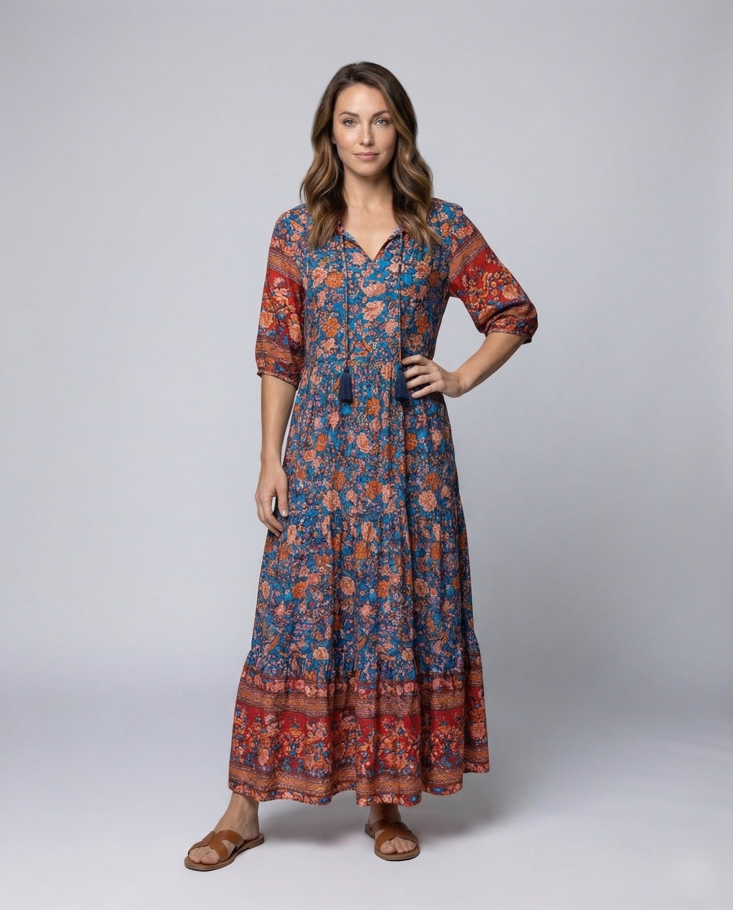 Damen Maxikleid Boho-Stil Quastenbindung Stoffvolant - Eveloria