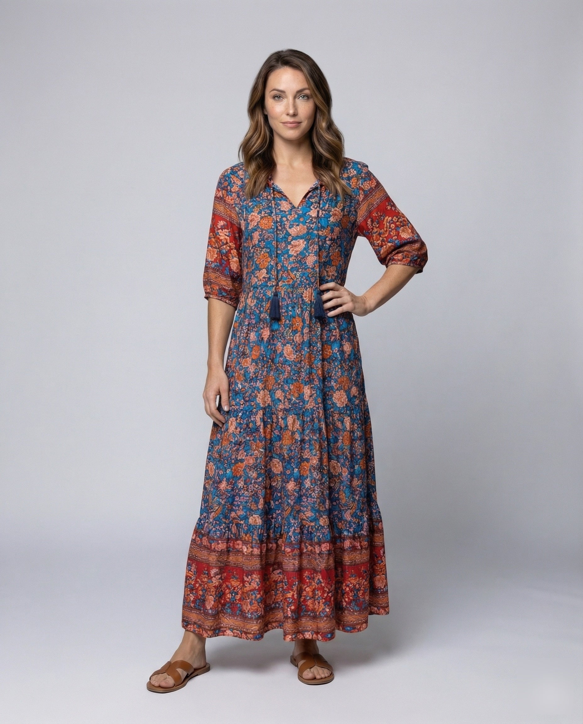 Damen Maxikleid Boho-Stil Quastenbindung Stoffvolant - Eveloria